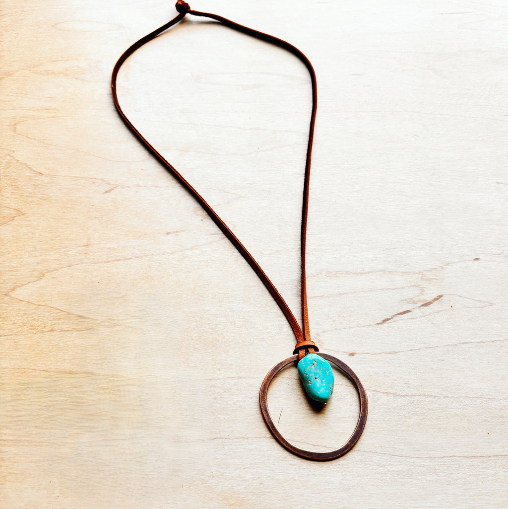 Leather Cord Necklace Antique Gold Hoop & Natural Turquoise 254v | Necklace | Wiccan Center
