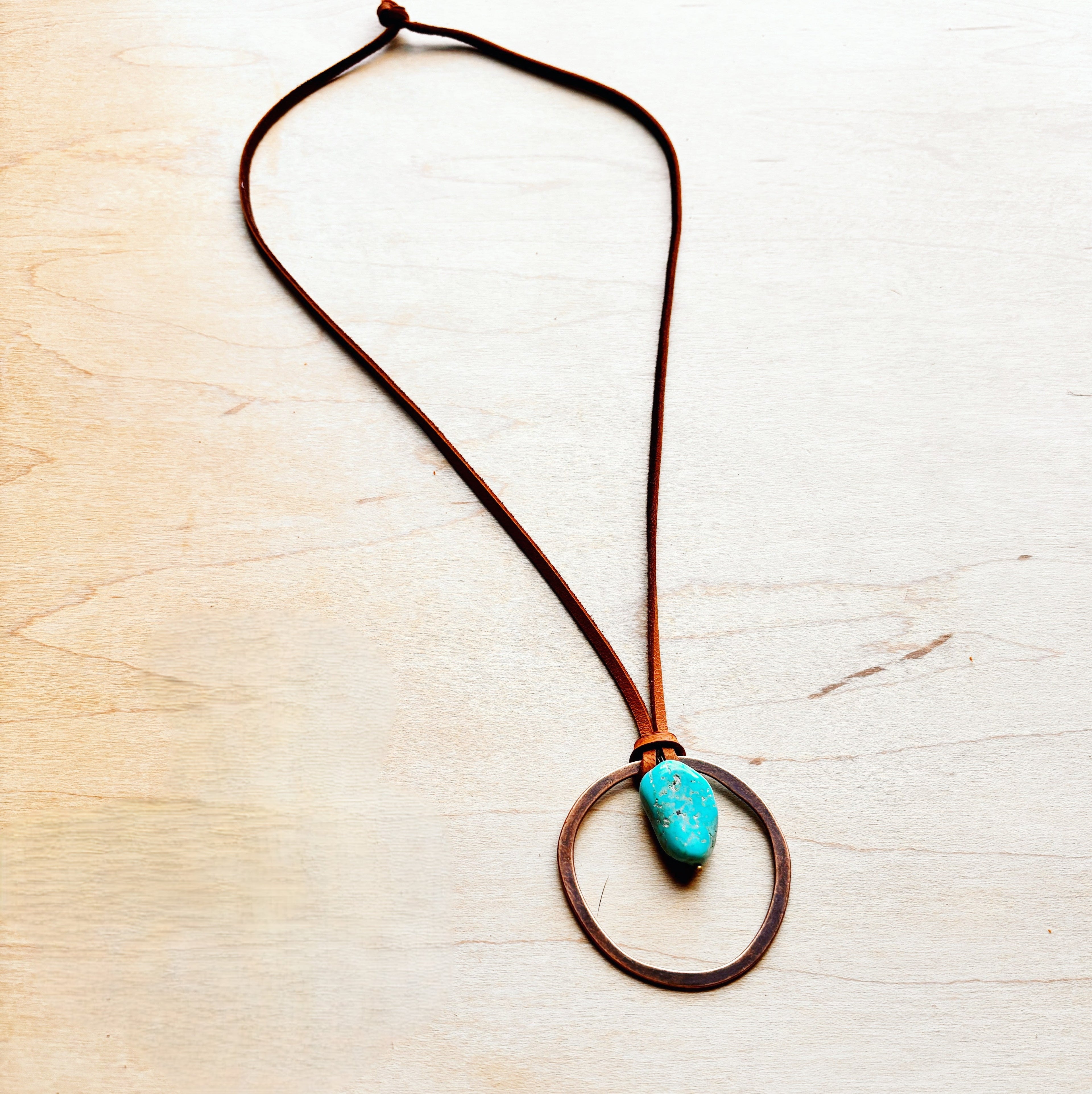Leather Cord Necklace Antique Gold Hoop & Natural Turquoise 254v | Necklace | Wiccan Center
