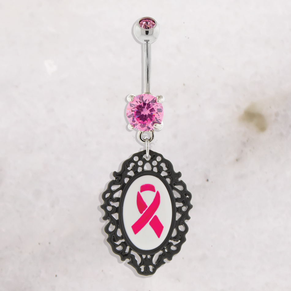 14G Breast Cancer Awareness Cameo Ribbon Navel Ring | Body Jewelry | Wiccan Center