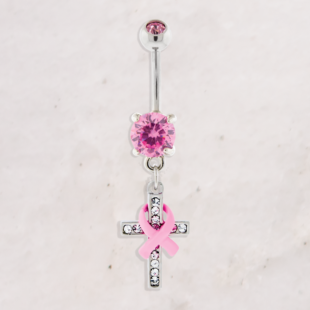 14G Breast Cancer Awareness Pave Cross Navel Ring | Body Jewelry | Wiccan Center