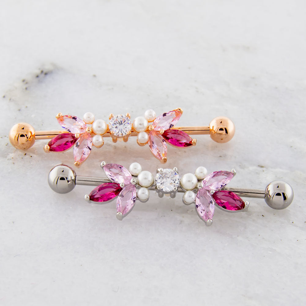 14G Industrial Barbell - Pink Gems and Pearls | Body Jewelry | Wiccan Center