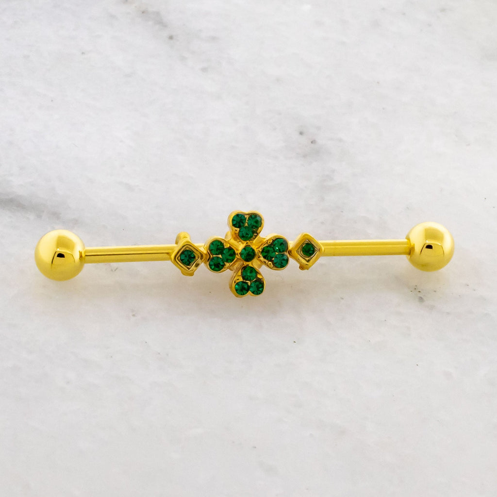 14G Gold Pave Clover Industrial Barbell | | Wiccan Center