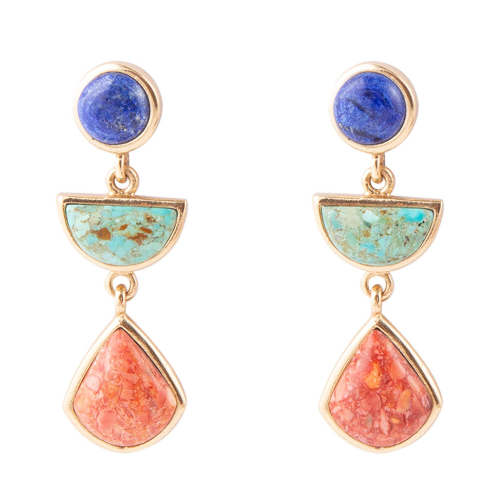 Blue Lapis Turquoise and Orange Sponge Coral Colorful Golden Drop Earrings | Earrings | Wiccan Center