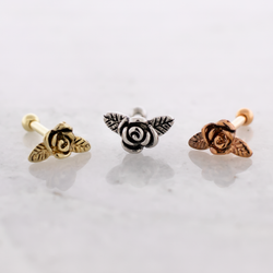 16G Rose With Leaves Cartilage Barbell | | Wiccan Center