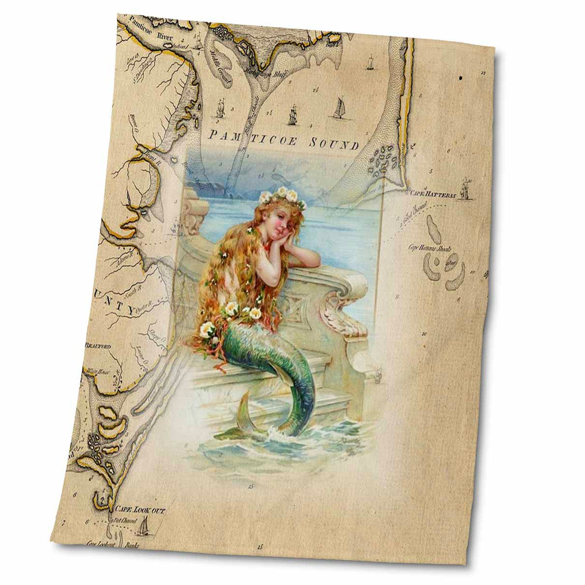 3dRose Print of Vintage Map Outer Banks With Mermaid - Towels (twl-204851)