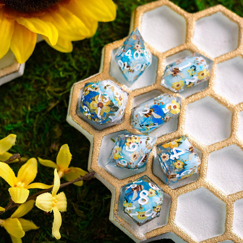 Bees And Flower Handmade Resin DND Dice Set | Resin Dice | Wiccan Center