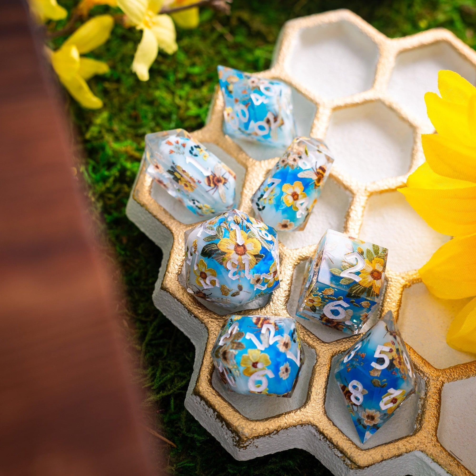 Bees And Flower Handmade Resin DND Dice Set | Resin Dice | Wiccan Center