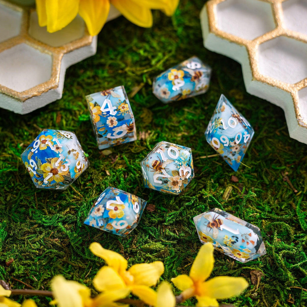 Bees And Flower Handmade Resin DND Dice Set | Resin Dice | Wiccan Center