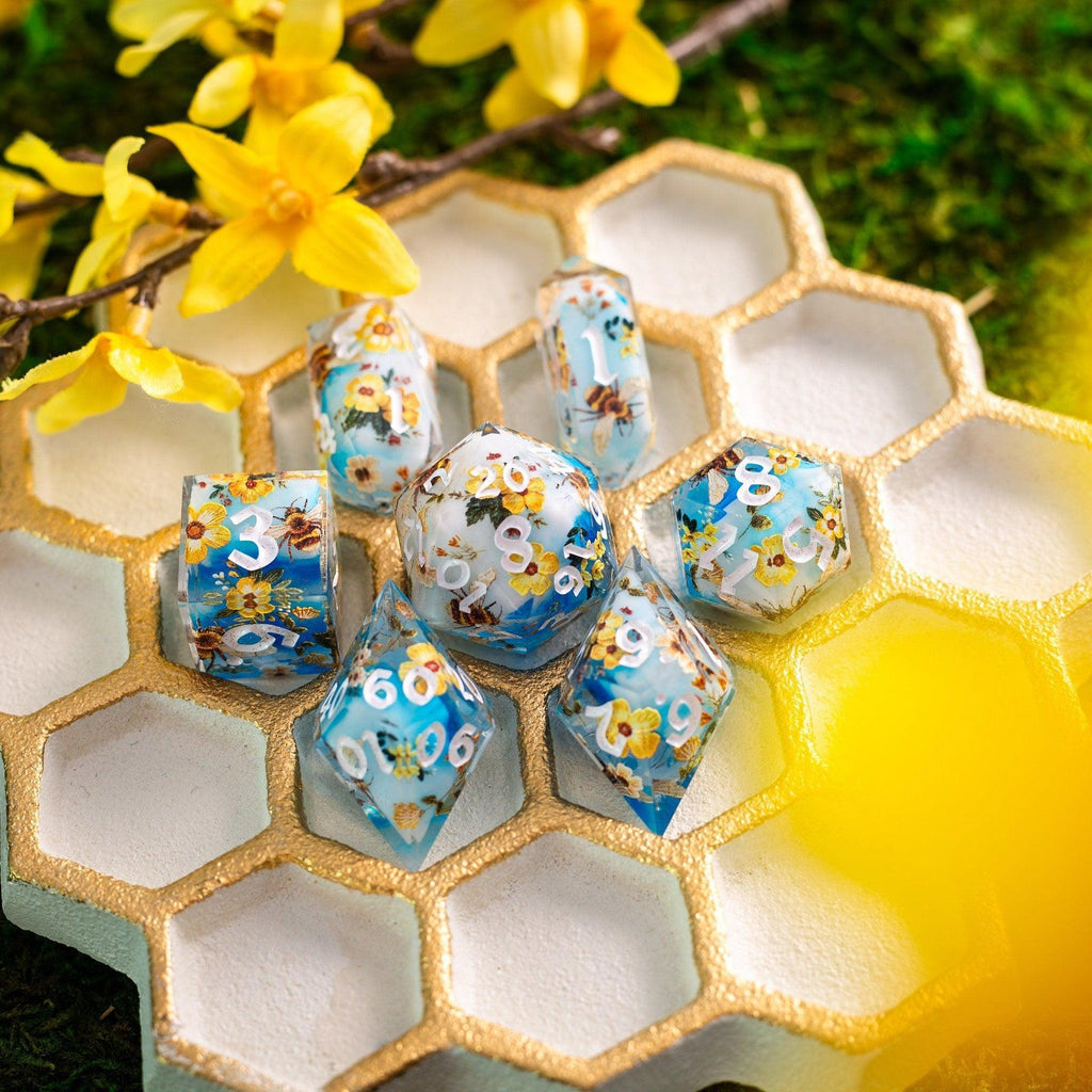 Bees And Flower Handmade Resin DND Dice Set | Resin Dice | Wiccan Center