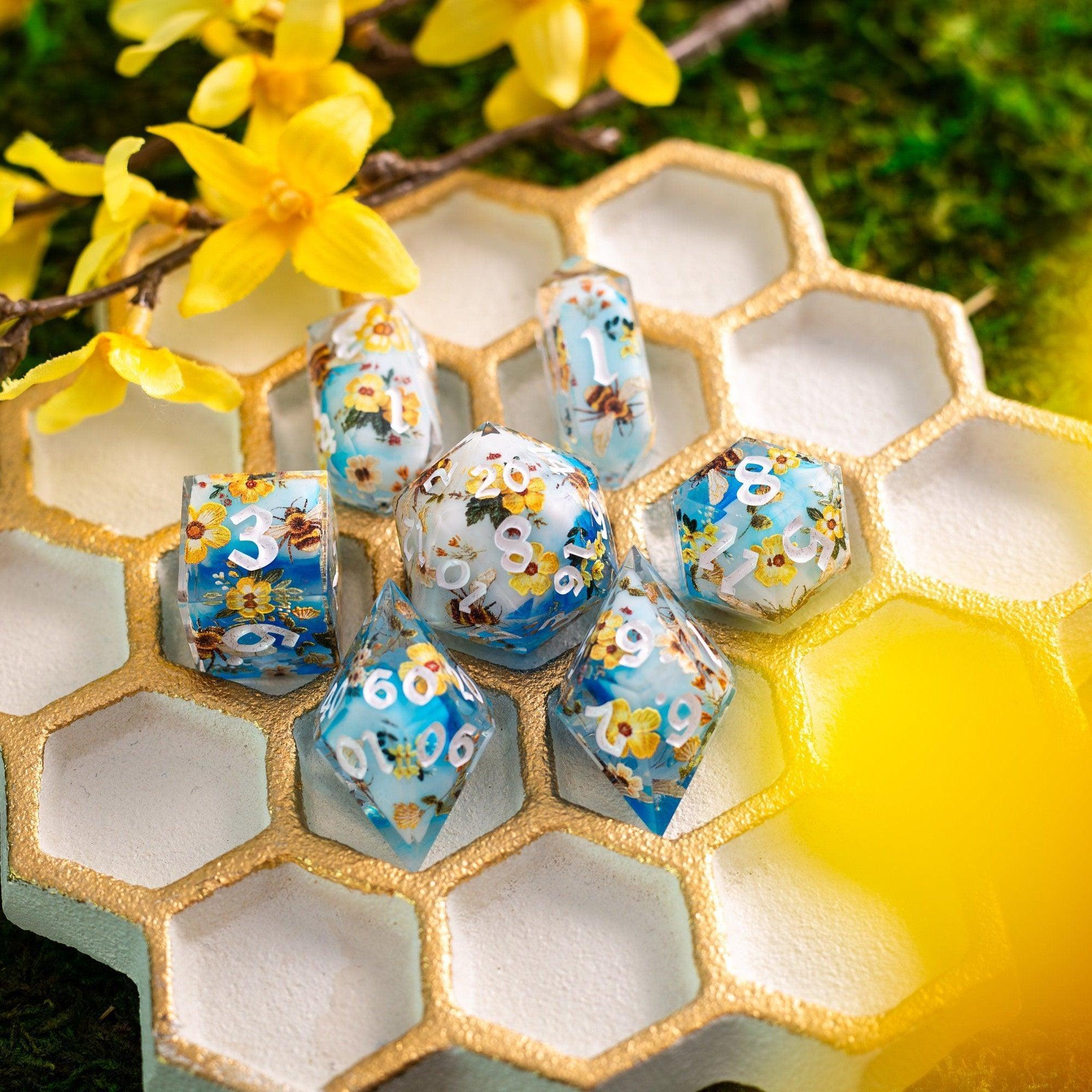 Bees And Flower Handmade Resin DND Dice Set | Resin Dice | Wiccan Center