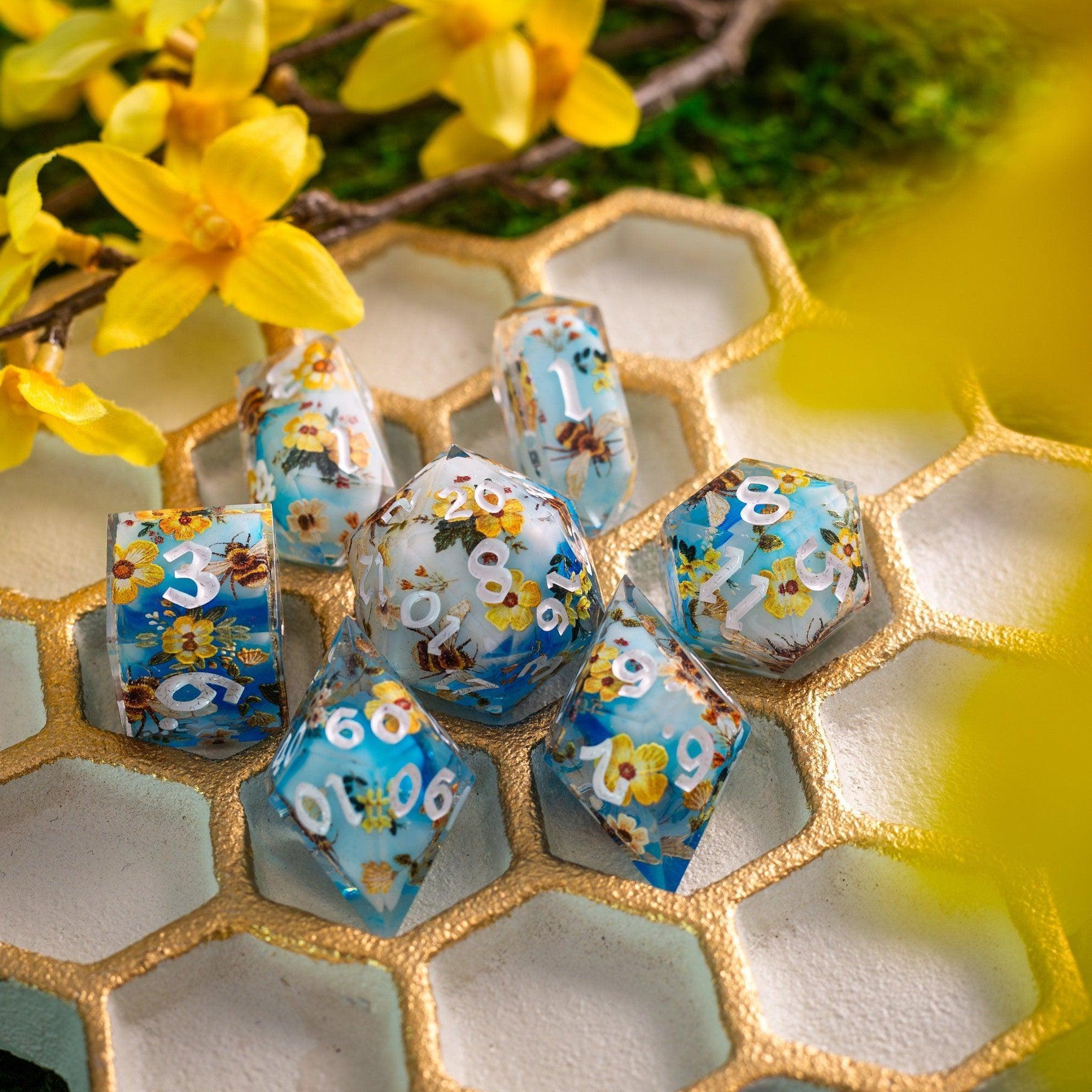 Bees And Flower Handmade Resin DND Dice Set | Resin Dice | Wiccan Center