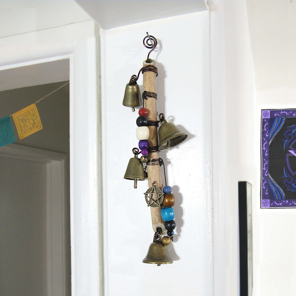Witch's Bell: Vertical Branch, Pentacle, Colorful Beads, Spiral - Handcrafted | Decorative Bells | Wiccan Center