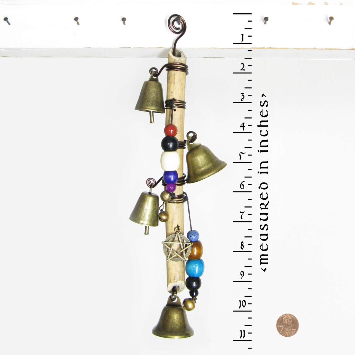 Witch's Bell: Vertical Branch, Pentacle, Colorful Beads, Spiral - Handcrafted | Decorative Bells | Wiccan Center