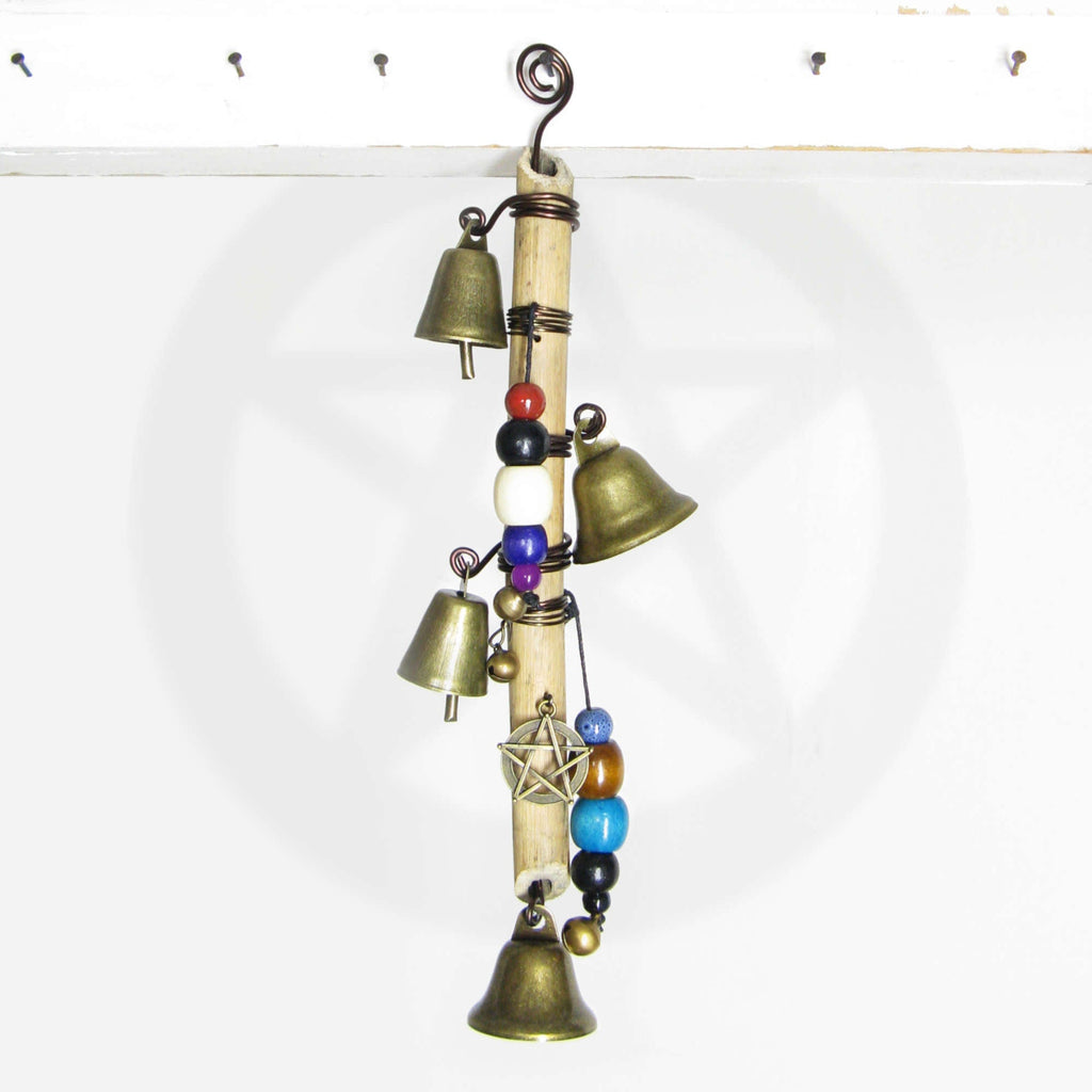 Witch's Bell: Vertical Branch, Pentacle, Colorful Beads, Spiral - Handcrafted | Decorative Bells | Wiccan Center