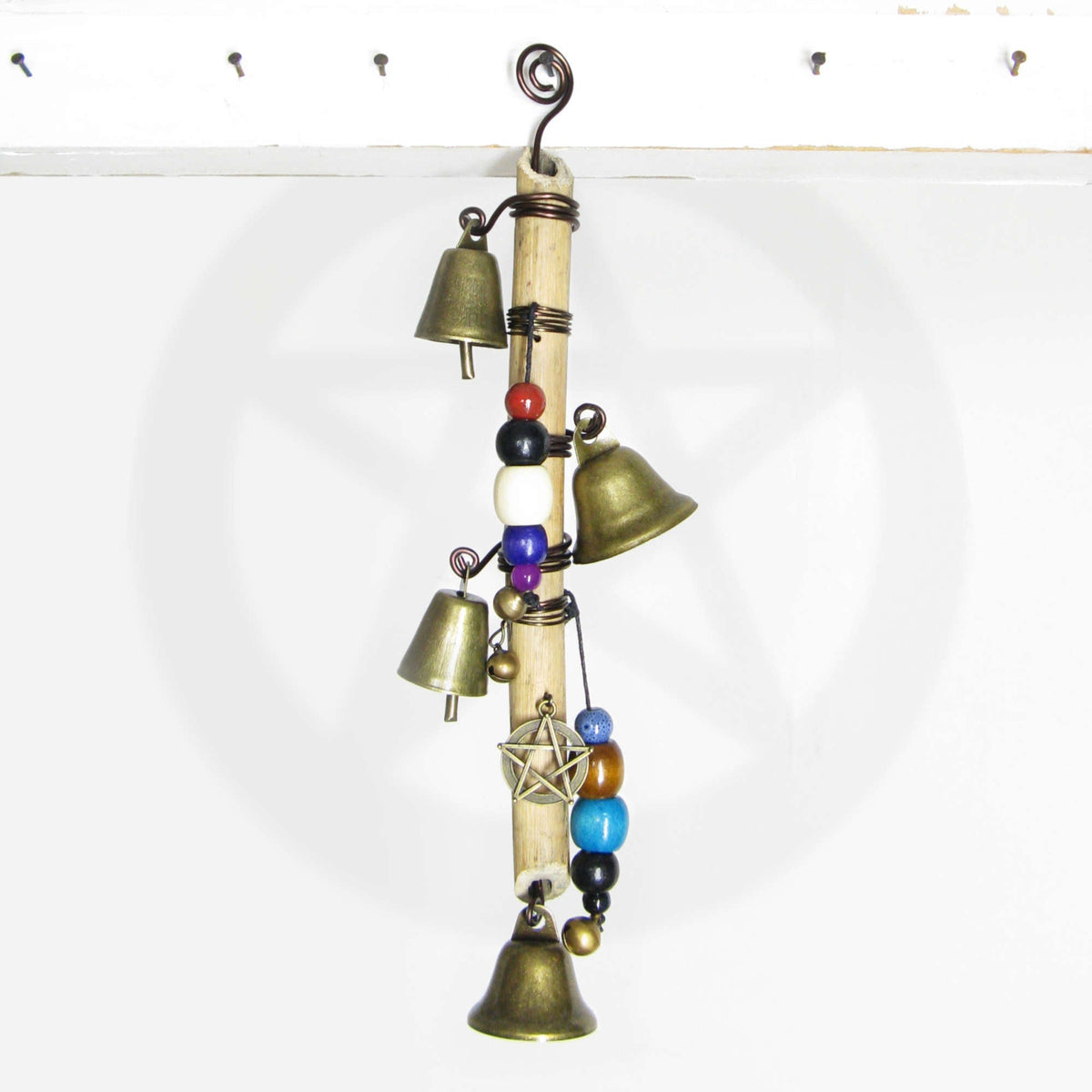 Witch's Bell: Vertical Branch, Pentacle, Colorful Beads, Spiral - Handcrafted | Decorative Bells | Wiccan Center