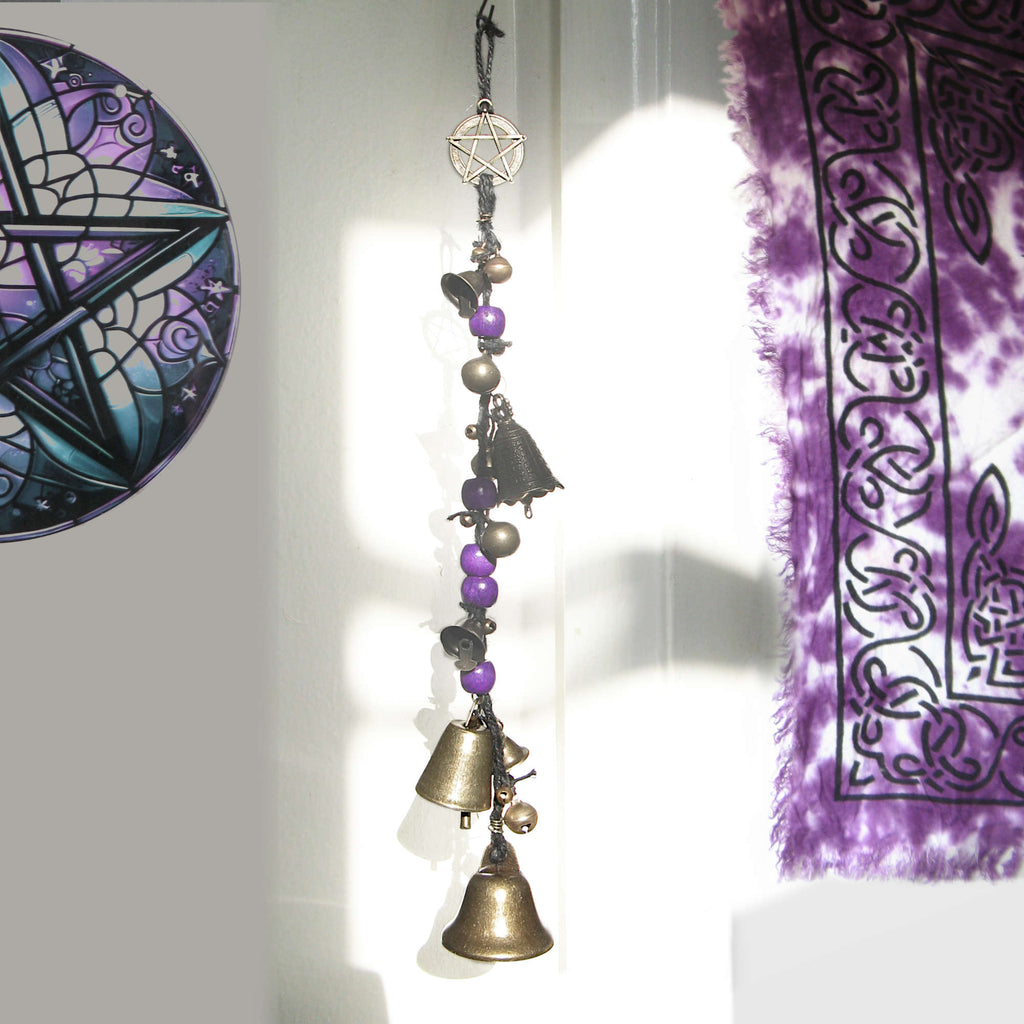Witch's Bell: Long Braided Twine, Pentacle Charm, Colorful Beads - Handcrafted | Decorative Bells | Wiccan Center