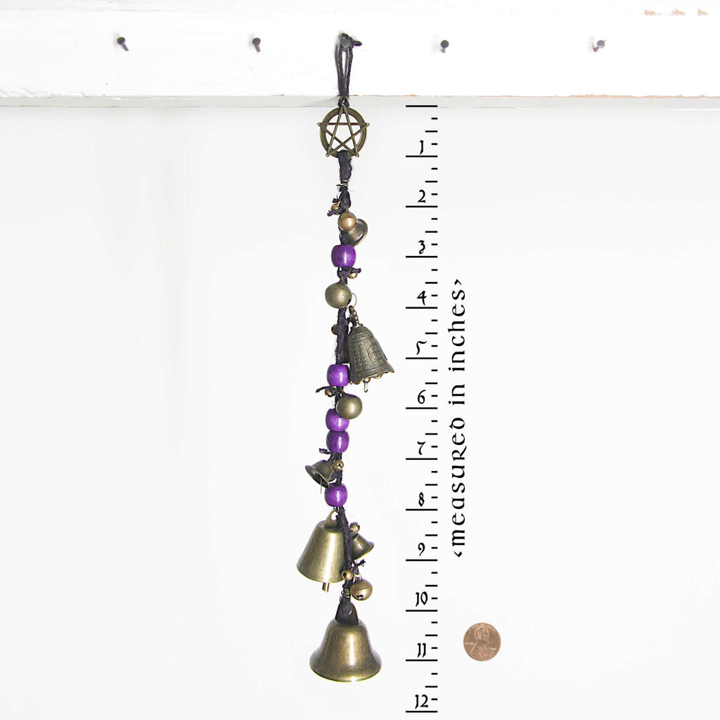 Witch's Bell: Long Braided Twine, Pentacle Charm, Colorful Beads - Handcrafted | Decorative Bells | Wiccan Center
