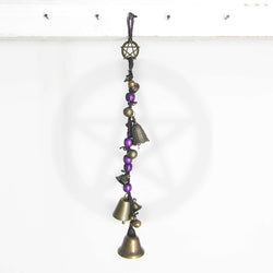 Witch's Bell: Long Braided Twine, Pentacle Charm, Colorful Beads - Handcrafted | Decorative Bells | Wiccan Center