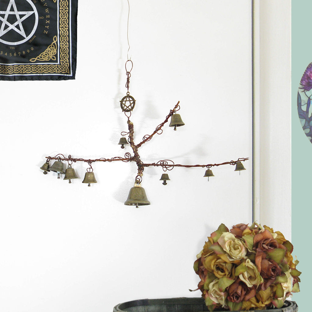 Witch's Bell: Peculiar Branch, 10 Bells, Pentagram Charm - Handcrafted | Decorative Bells | Wiccan Center
