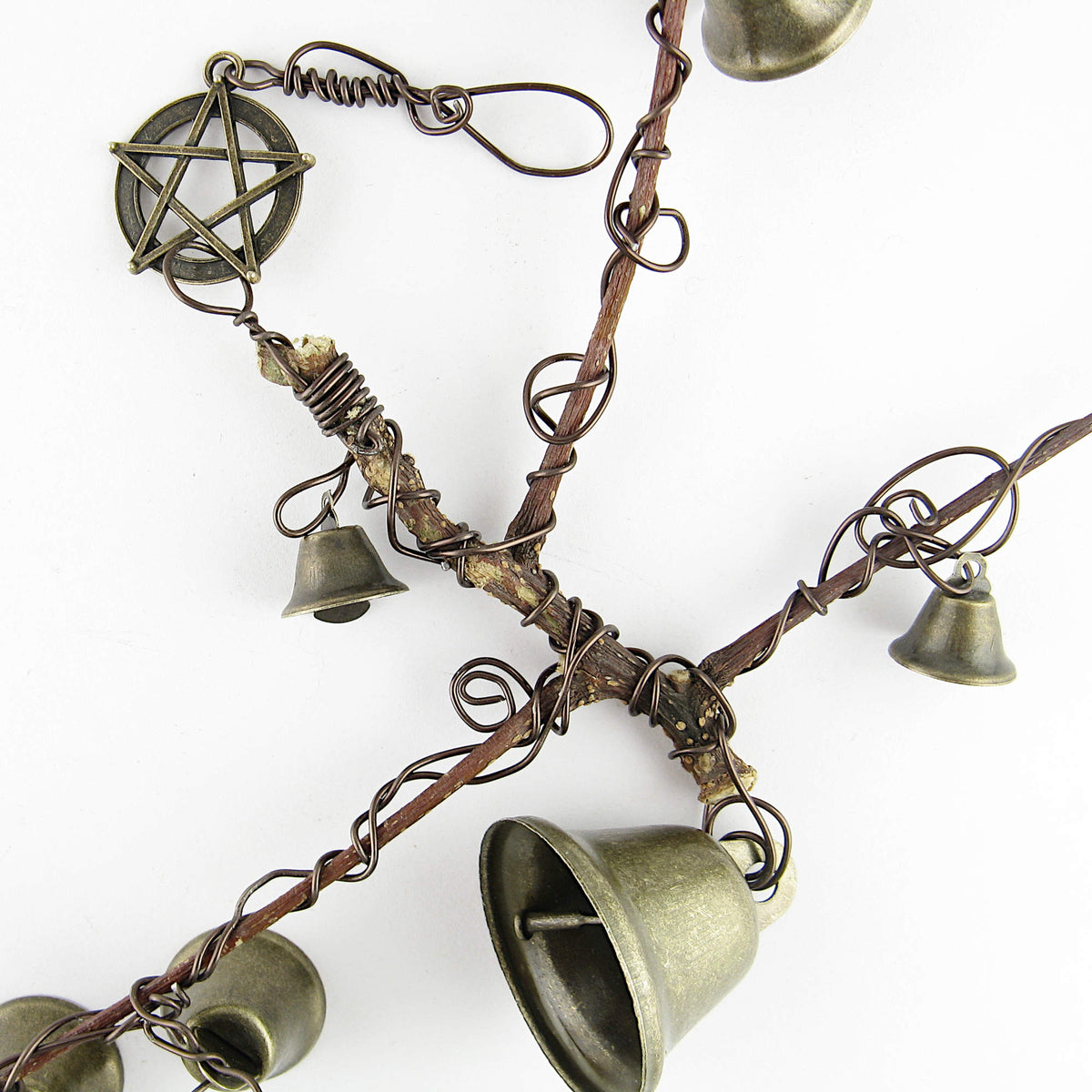 Witch's Bell: Peculiar Branch, 10 Bells, Pentagram Charm - Handcrafted | Decorative Bells | Wiccan Center