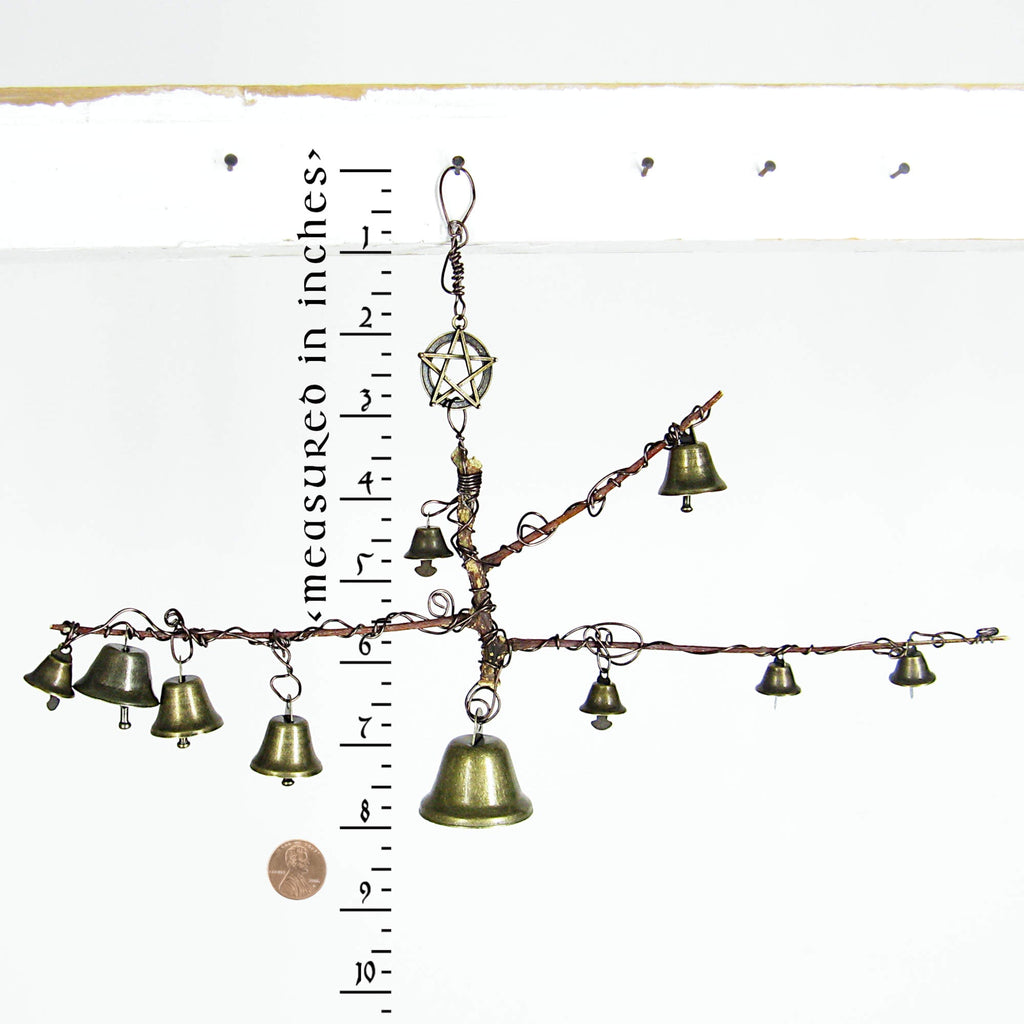 Witch's Bell: Peculiar Branch, 10 Bells, Pentagram Charm - Handcrafted | Decorative Bells | Wiccan Center