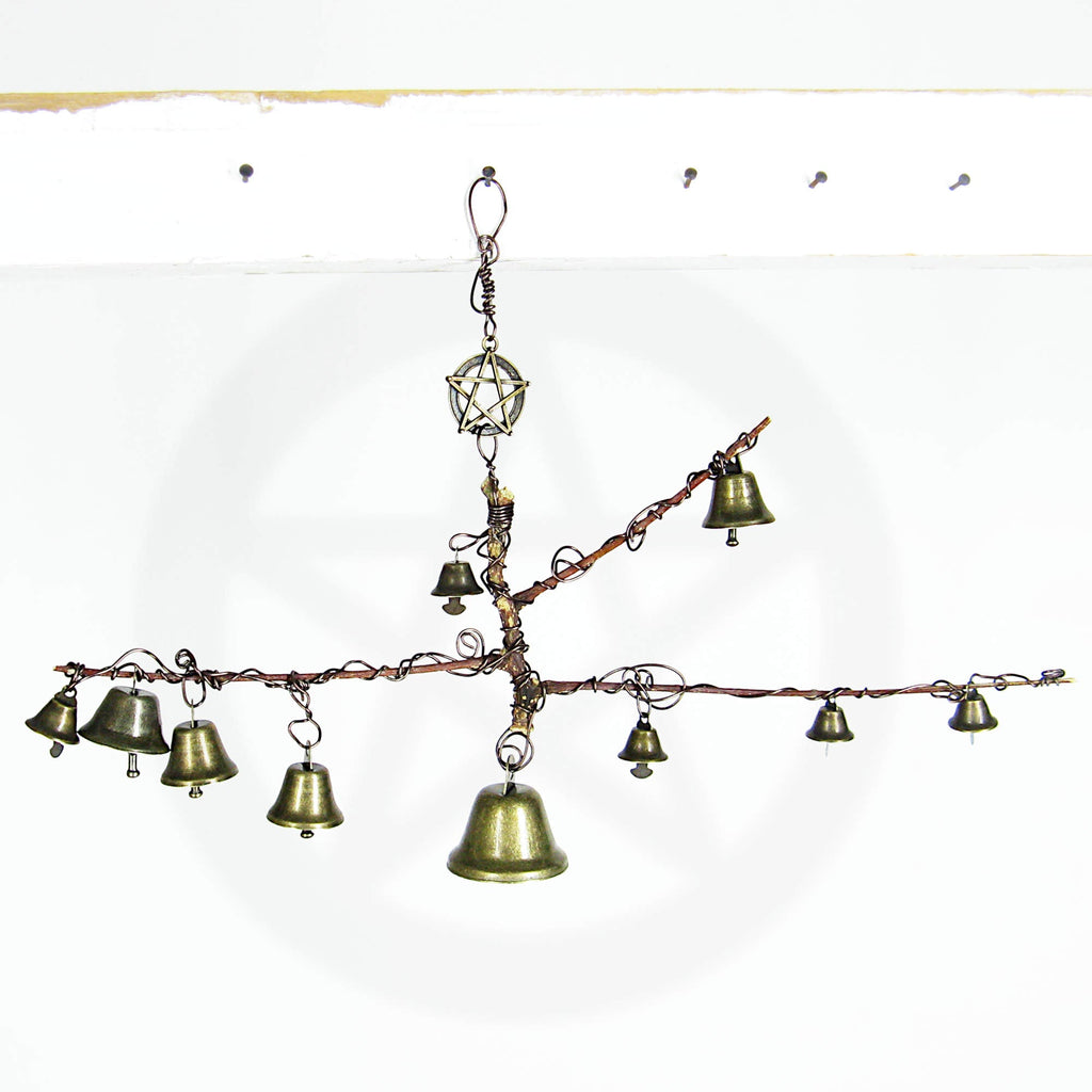 Witch's Bell: Peculiar Branch, 10 Bells, Pentagram Charm - Handcrafted | Decorative Bells | Wiccan Center