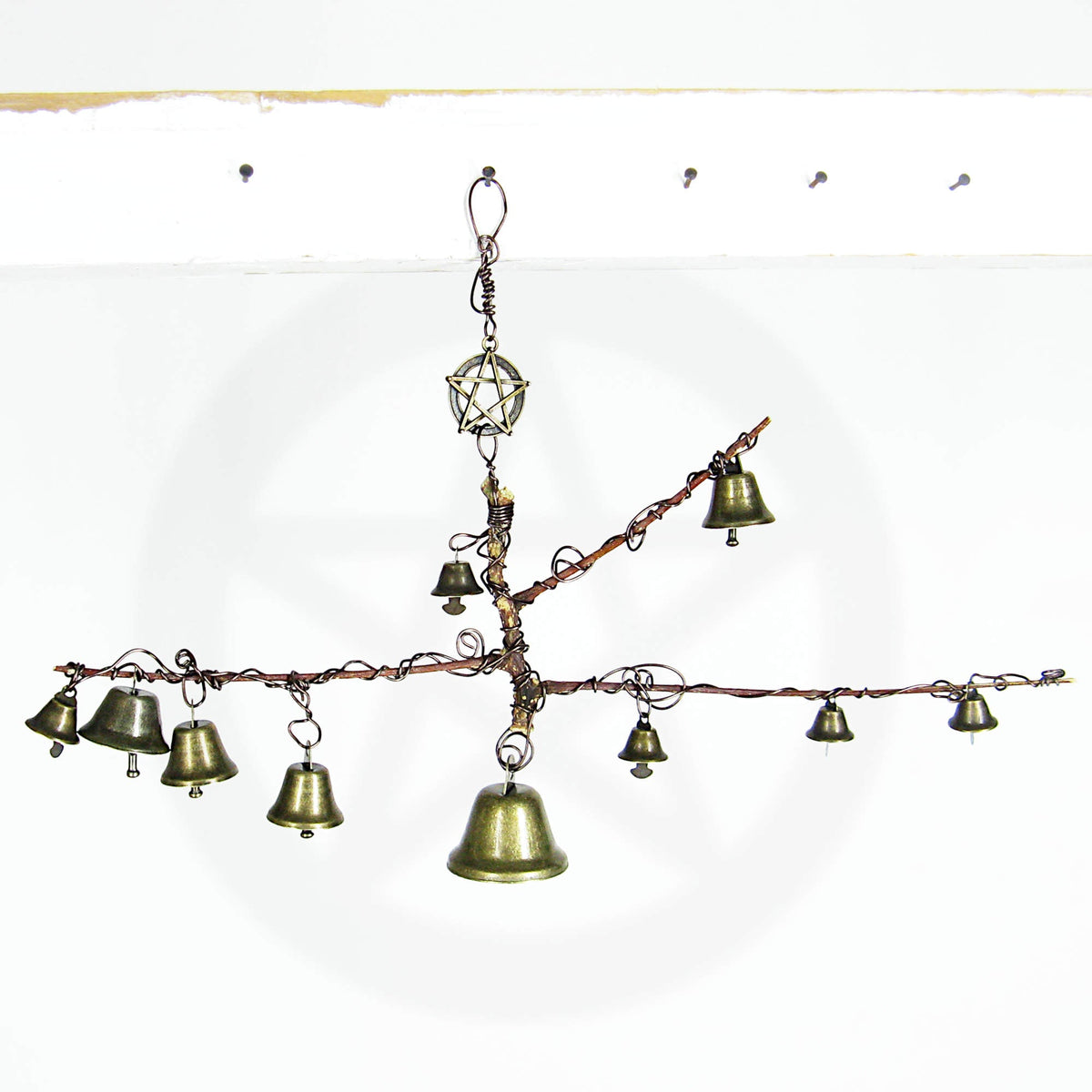 Witch's Bell: Peculiar Branch, 10 Bells, Pentagram Charm - Handcrafted | Decorative Bells | Wiccan Center