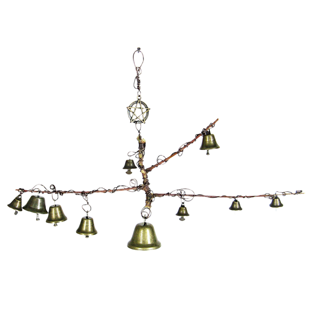 Witch's Bell: Peculiar Branch, 10 Bells, Pentagram Charm - Handcrafted | Decorative Bells | Wiccan Center
