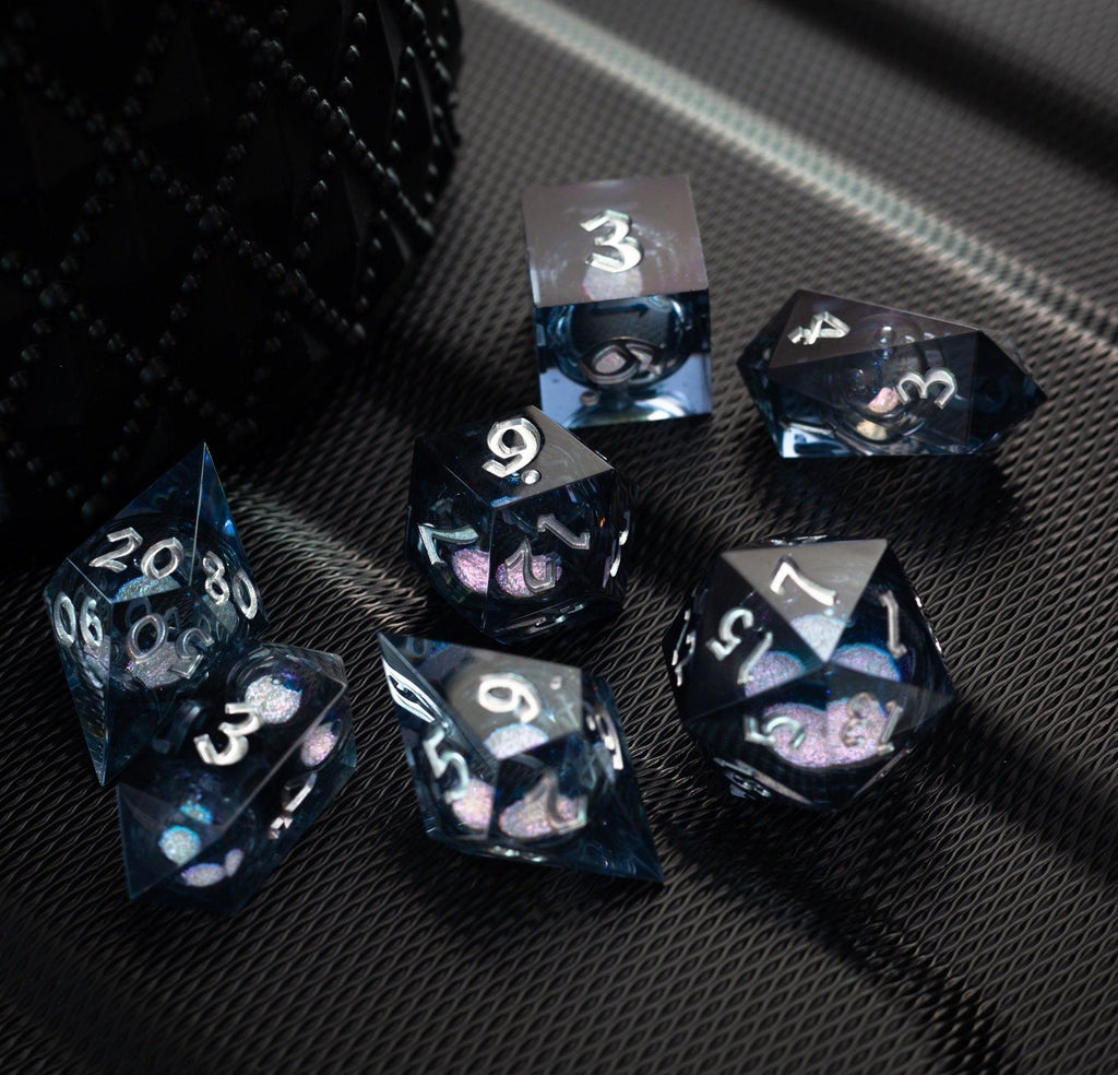 Black And Silver Glitter Liquid Core Handmade Resin DND Dice Set | Liquid Core Dice | Wiccan Center