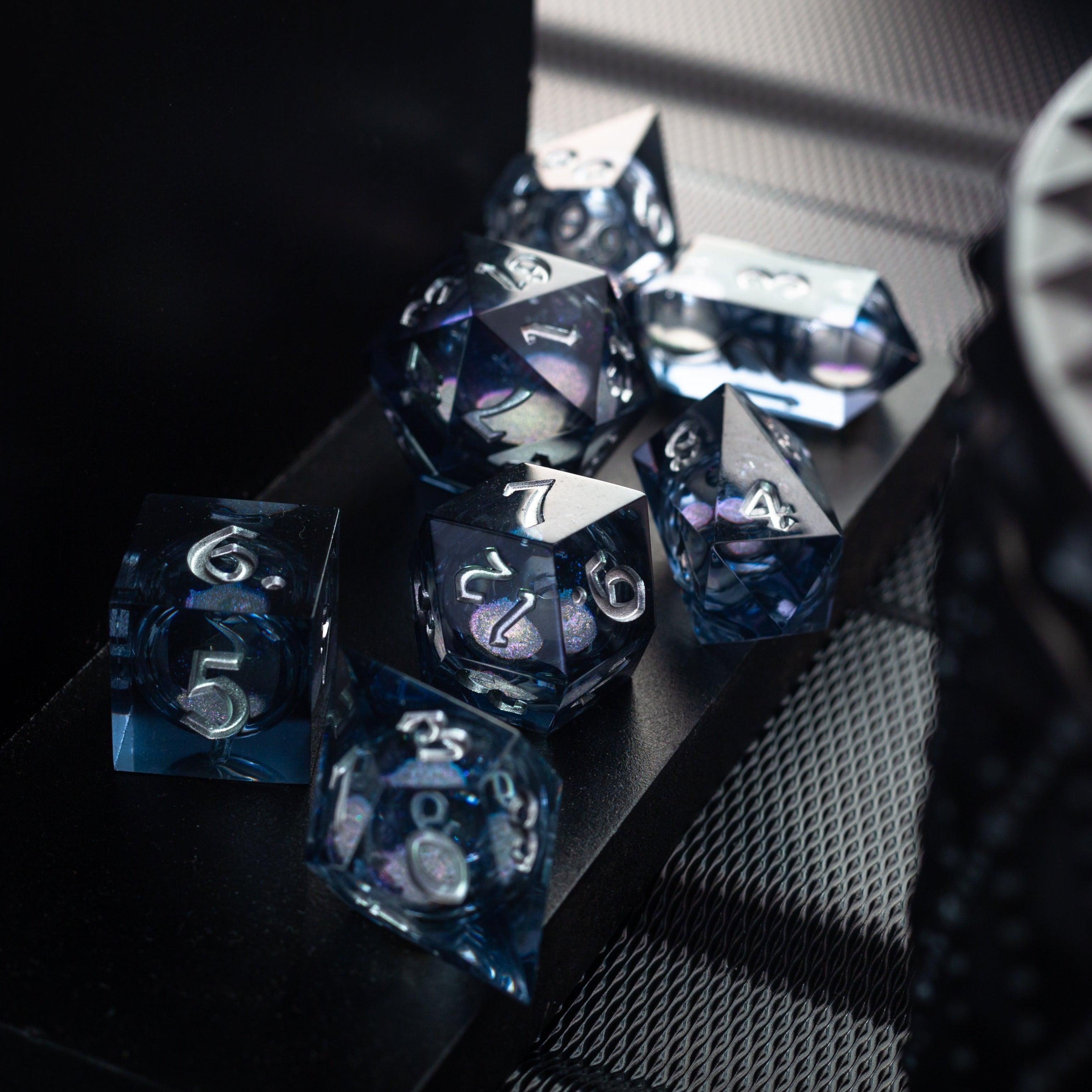 Black And Silver Glitter Liquid Core Handmade Resin DND Dice Set | Liquid Core Dice | Wiccan Center