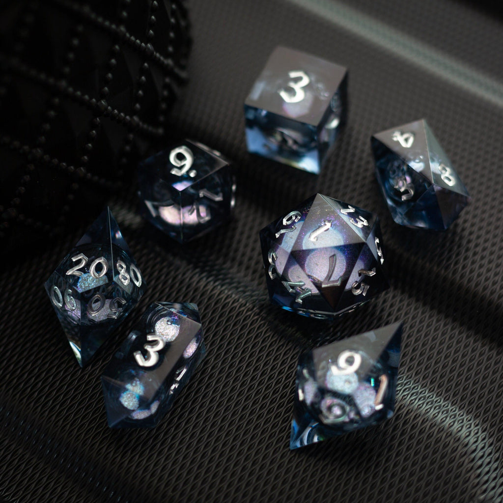 Black And Silver Glitter Liquid Core Handmade Resin DND Dice Set | Liquid Core Dice | Wiccan Center
