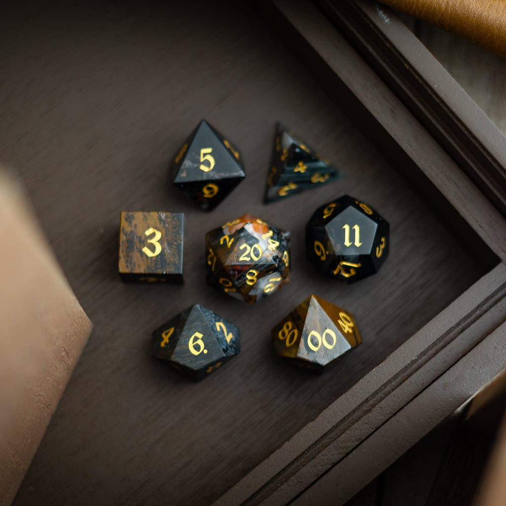 Black Gemstone Eagle Eye Hand Carved DND Dice Set | Gemstone Dice | Wiccan Center