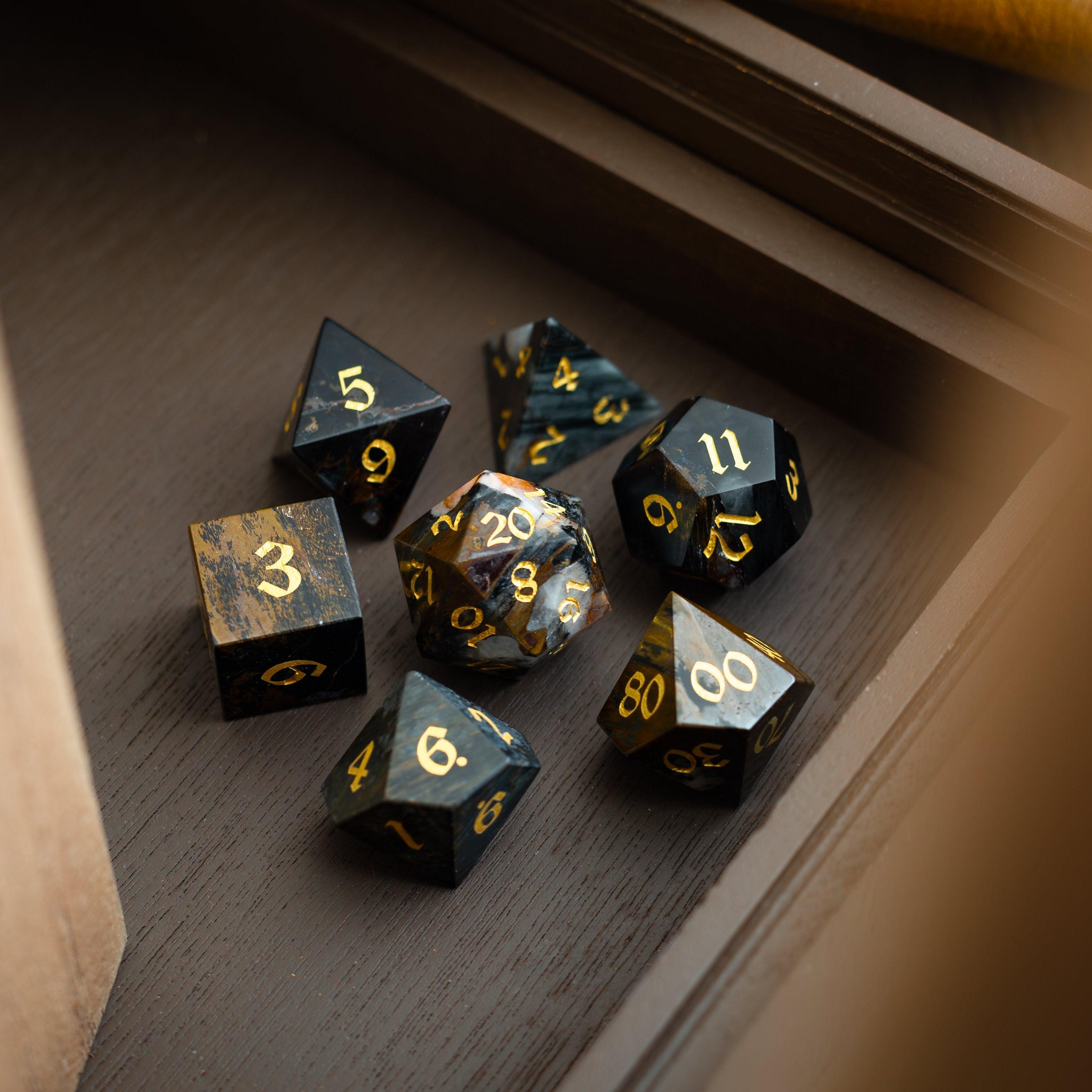 Black Gemstone Eagle Eye Hand Carved DND Dice Set | Gemstone Dice | Wiccan Center