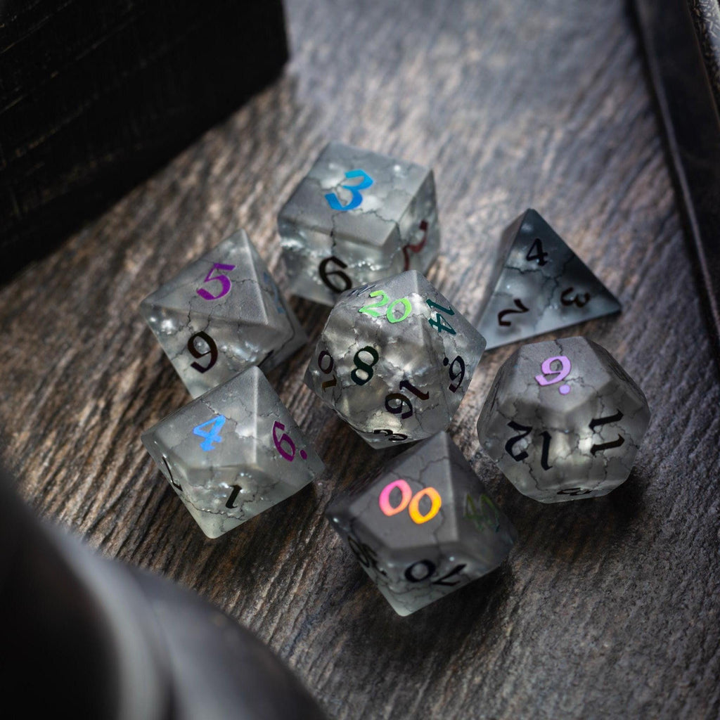 Black Inked Lightning Cracked Glass DND Dice Set | Gemstone Dice | Wiccan Center