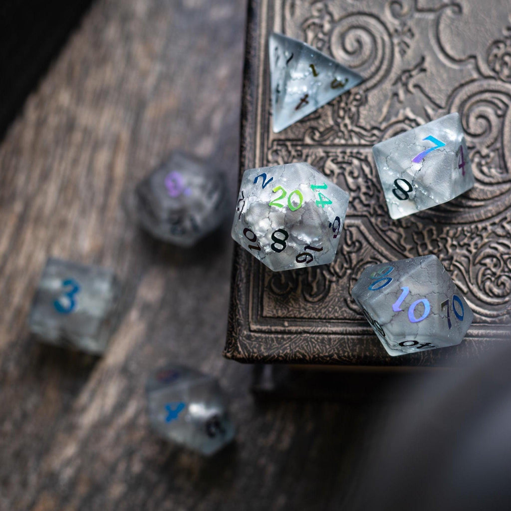 Black Inked Lightning Cracked Glass DND Dice Set | Gemstone Dice | Wiccan Center