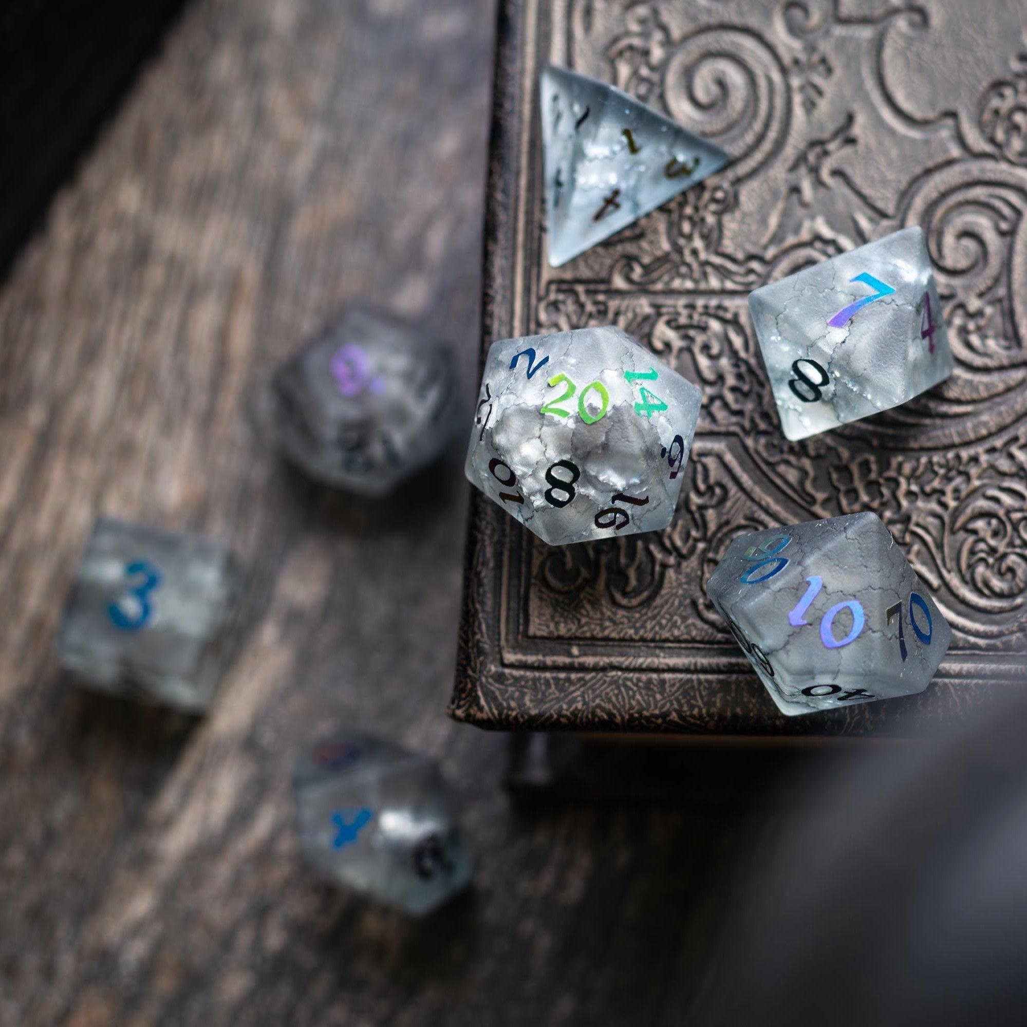 Black Inked Lightning Cracked Glass DND Dice Set | Gemstone Dice | Wiccan Center