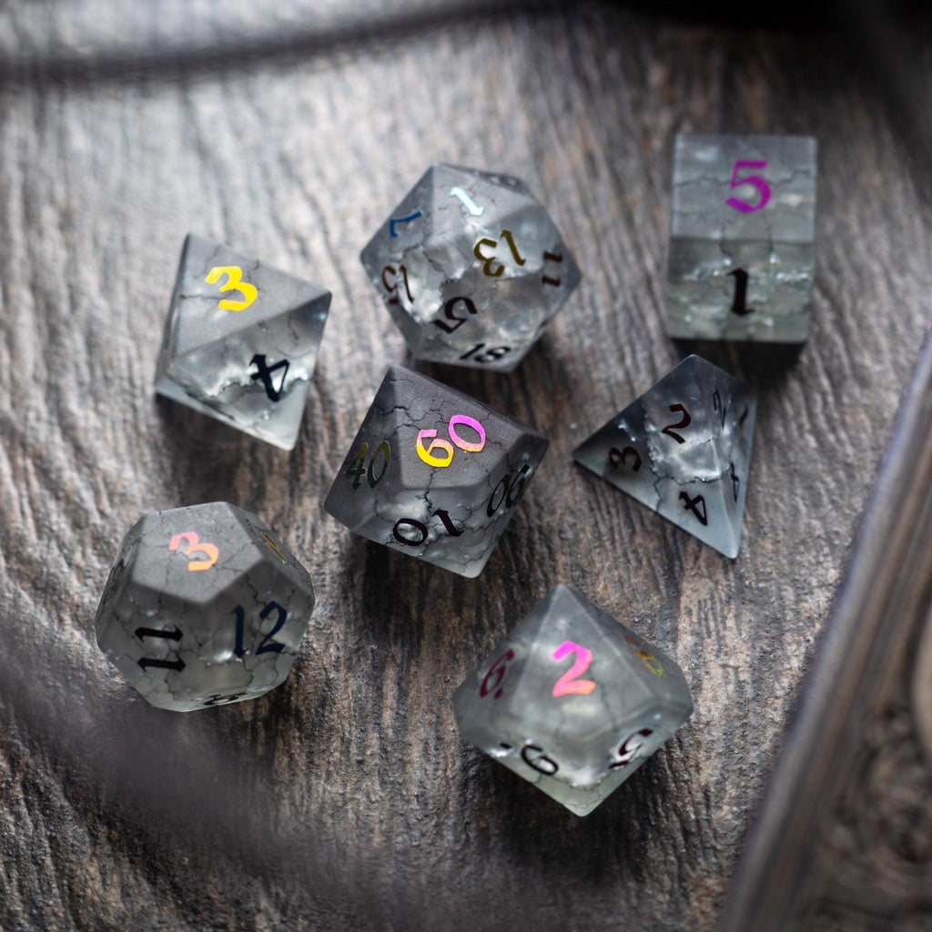 Black Inked Lightning Cracked Glass DND Dice Set | Gemstone Dice | Wiccan Center