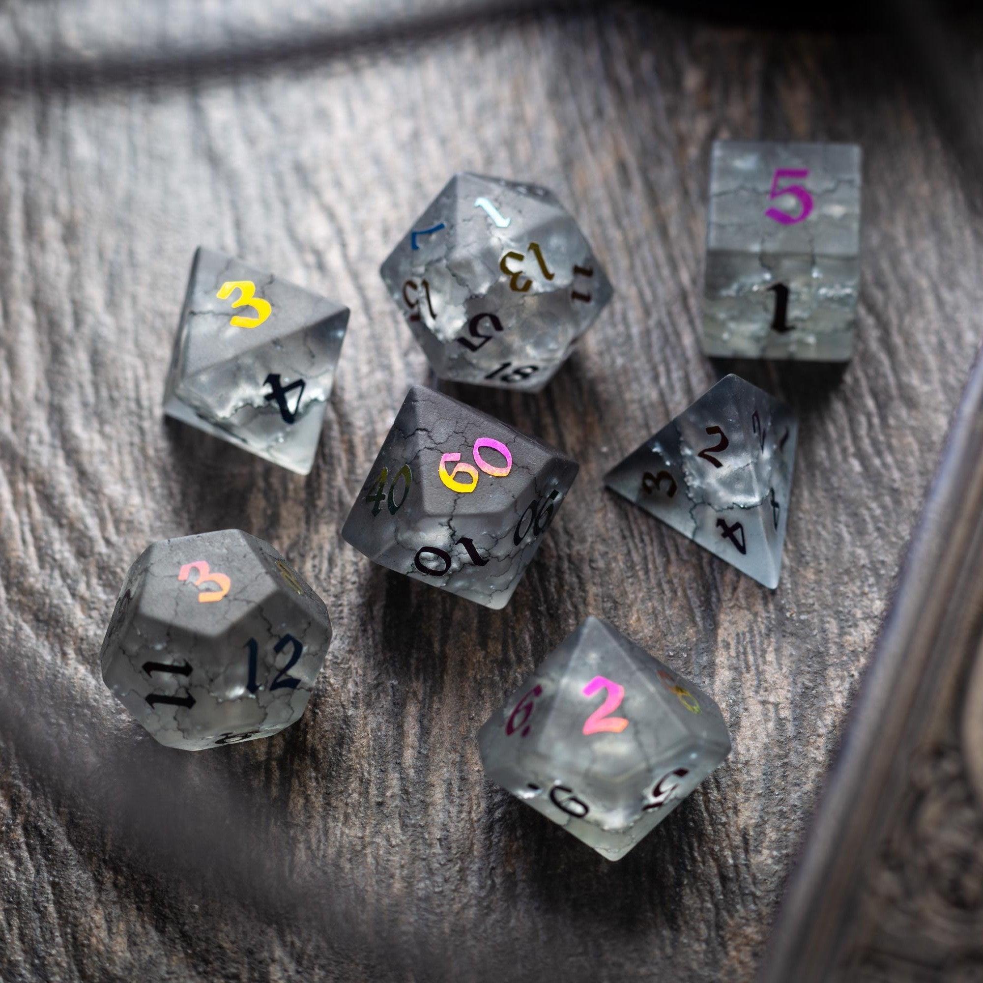 Black Inked Lightning Cracked Glass DND Dice Set | Gemstone Dice | Wiccan Center