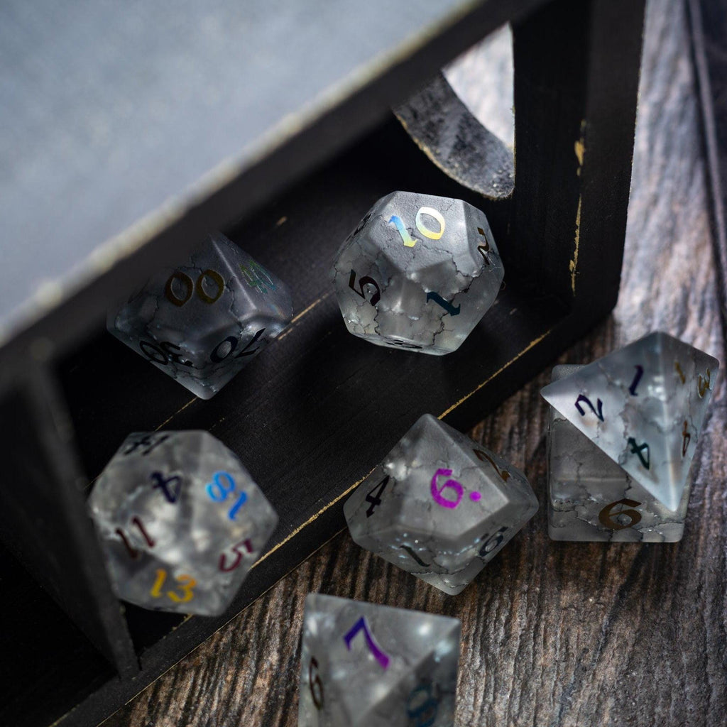 Black Inked Lightning Cracked Glass DND Dice Set | Gemstone Dice | Wiccan Center
