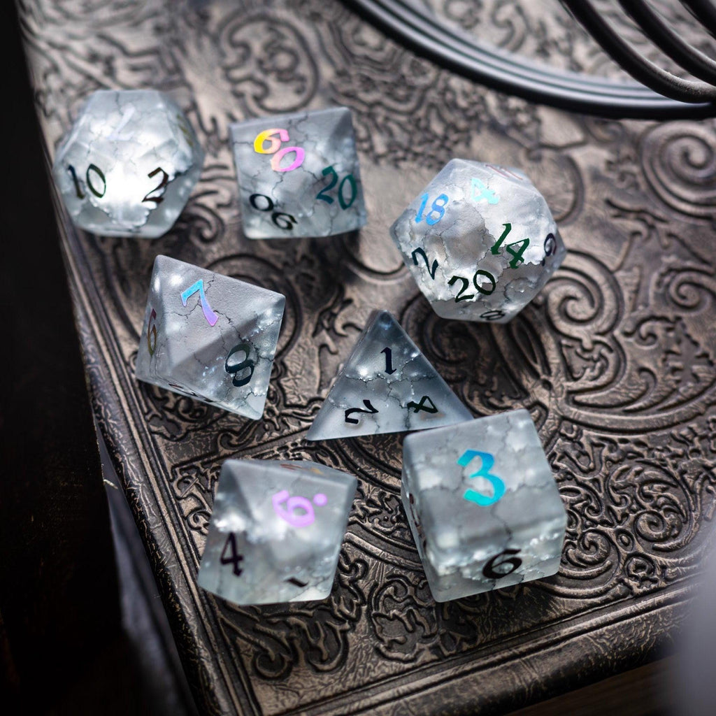 Black Inked Lightning Cracked Glass DND Dice Set | Gemstone Dice | Wiccan Center