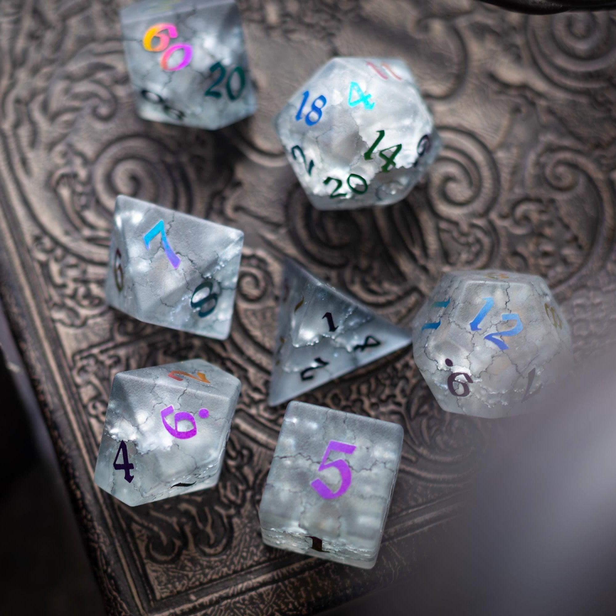 Black Inked Lightning Cracked Glass DND Dice Set | Gemstone Dice | Wiccan Center