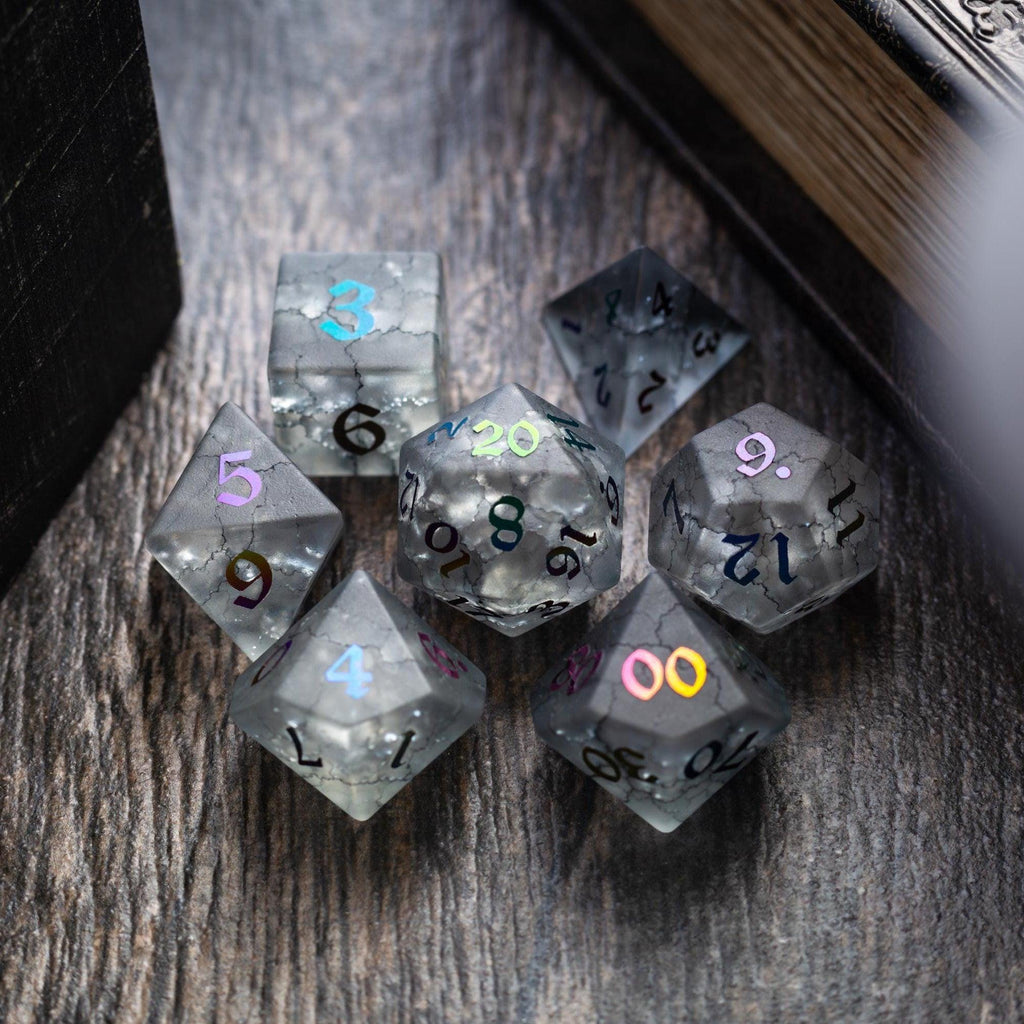 Black Inked Lightning Cracked Glass DND Dice Set | Gemstone Dice | Wiccan Center