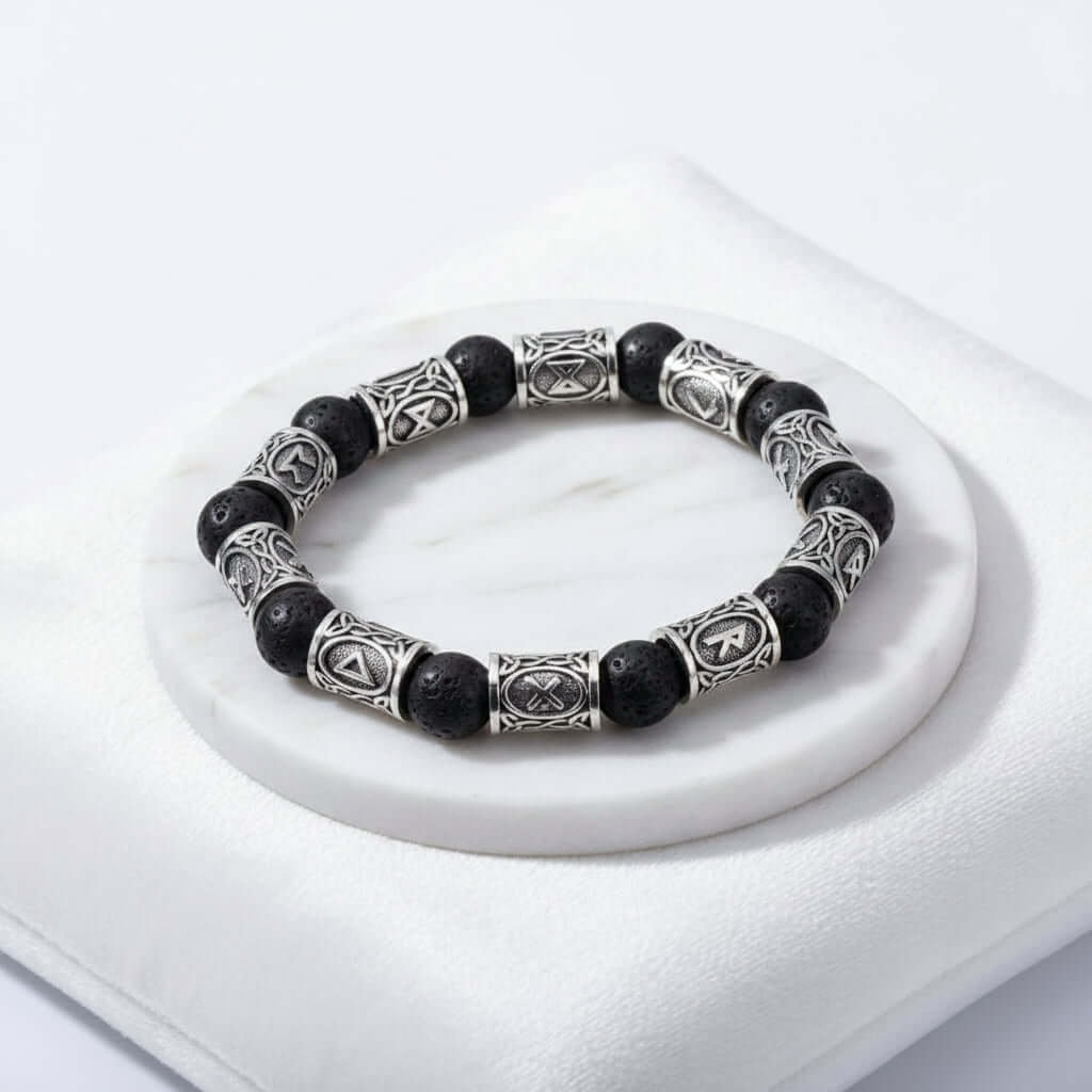 Black lava stone rune bracelet with Asgard Crafted Silver Rune