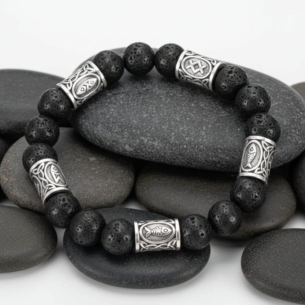 Black lava stone rune bracelet with Asgard Crafted Silver Rune
