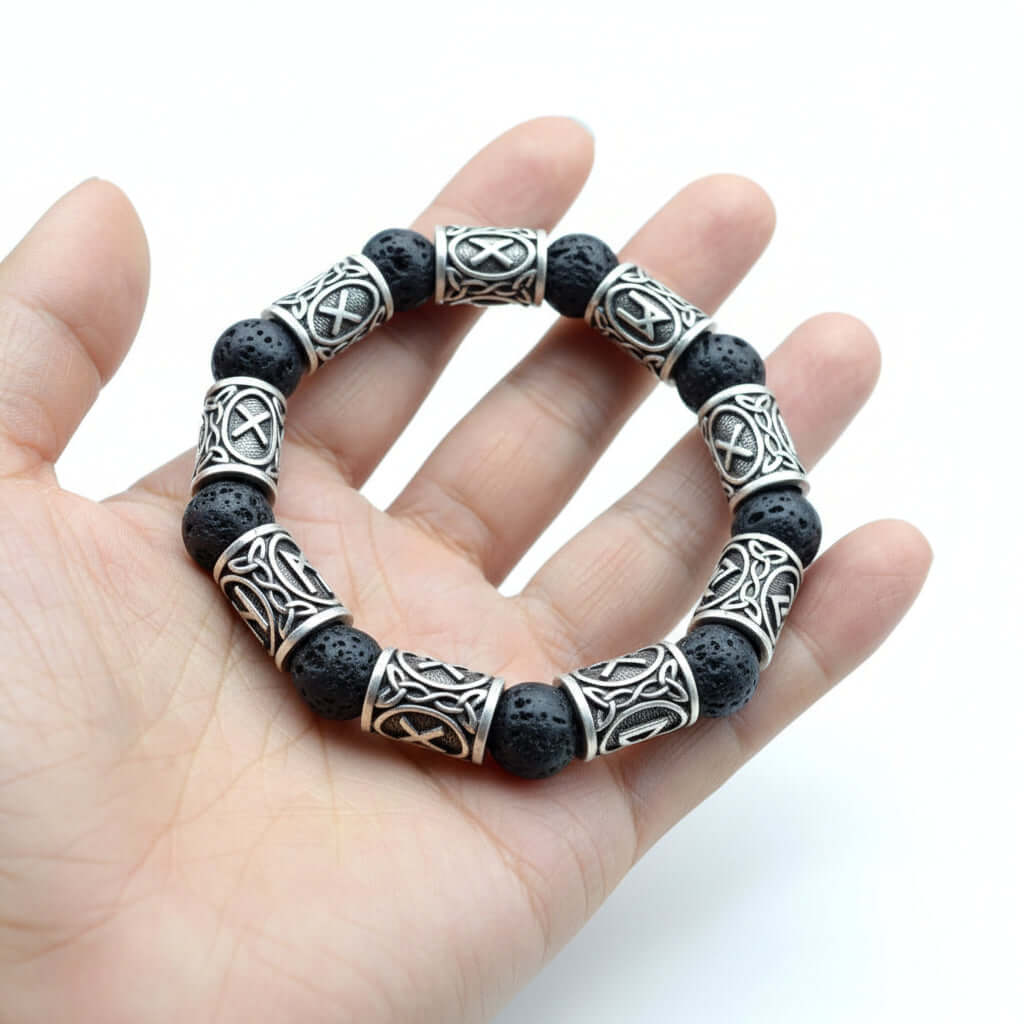 Black lava stone rune bracelet with Asgard Crafted Silver Rune