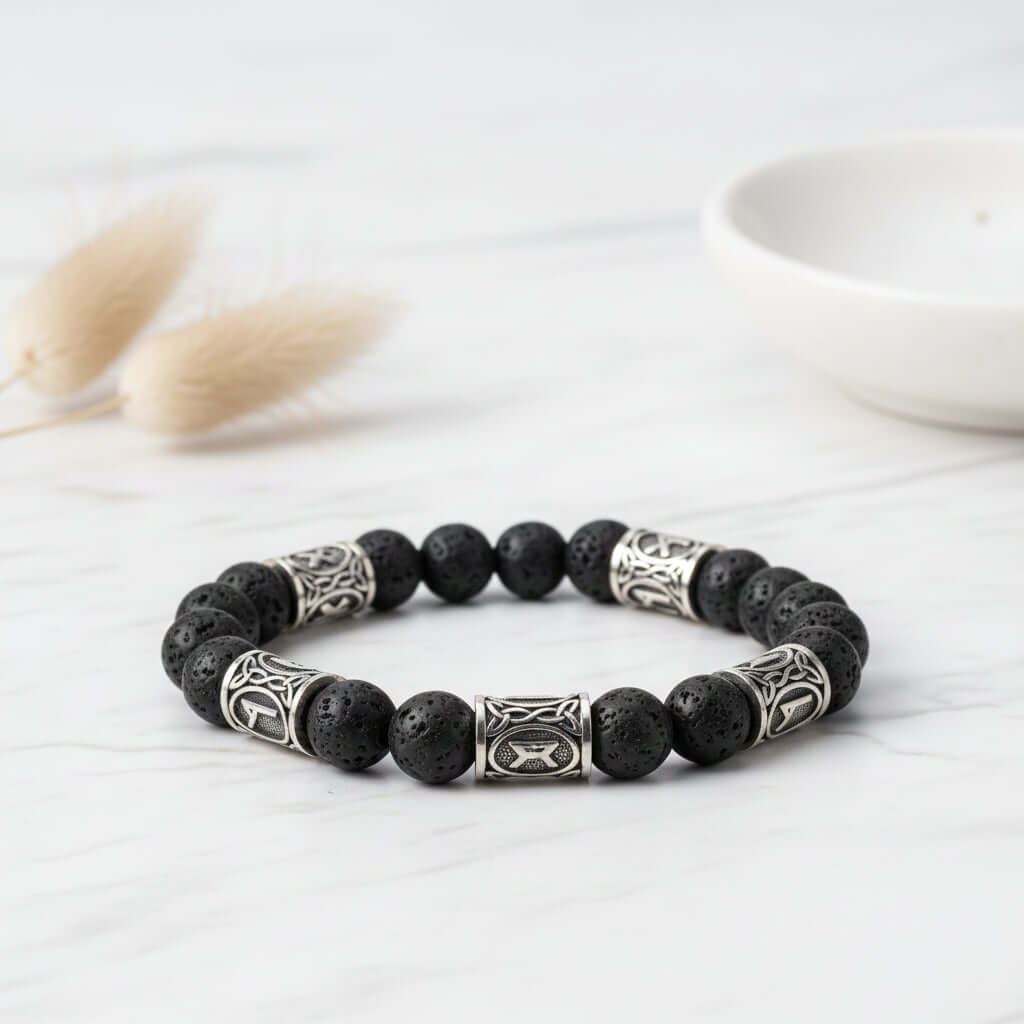 Black lava stone rune bracelet with Asgard Crafted Silver Rune