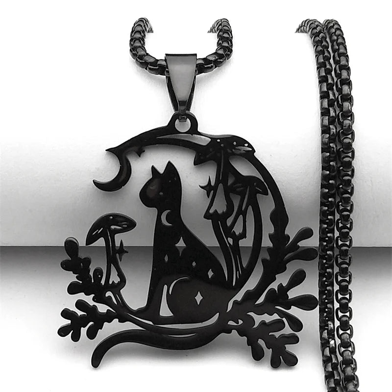 Cat Moon Mushroom Necklace | necklace | Wiccan Center