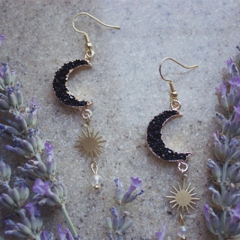 Druzy Crescent Moon Sun Earrings | earrings | Wiccan Center
