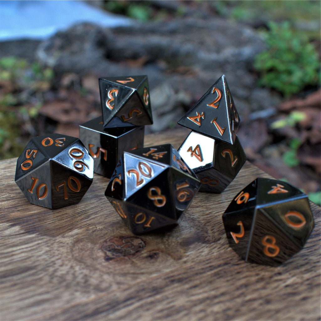 Black and Orange Sharp-Edged Metal Dice Set | Metal | Wiccan Center