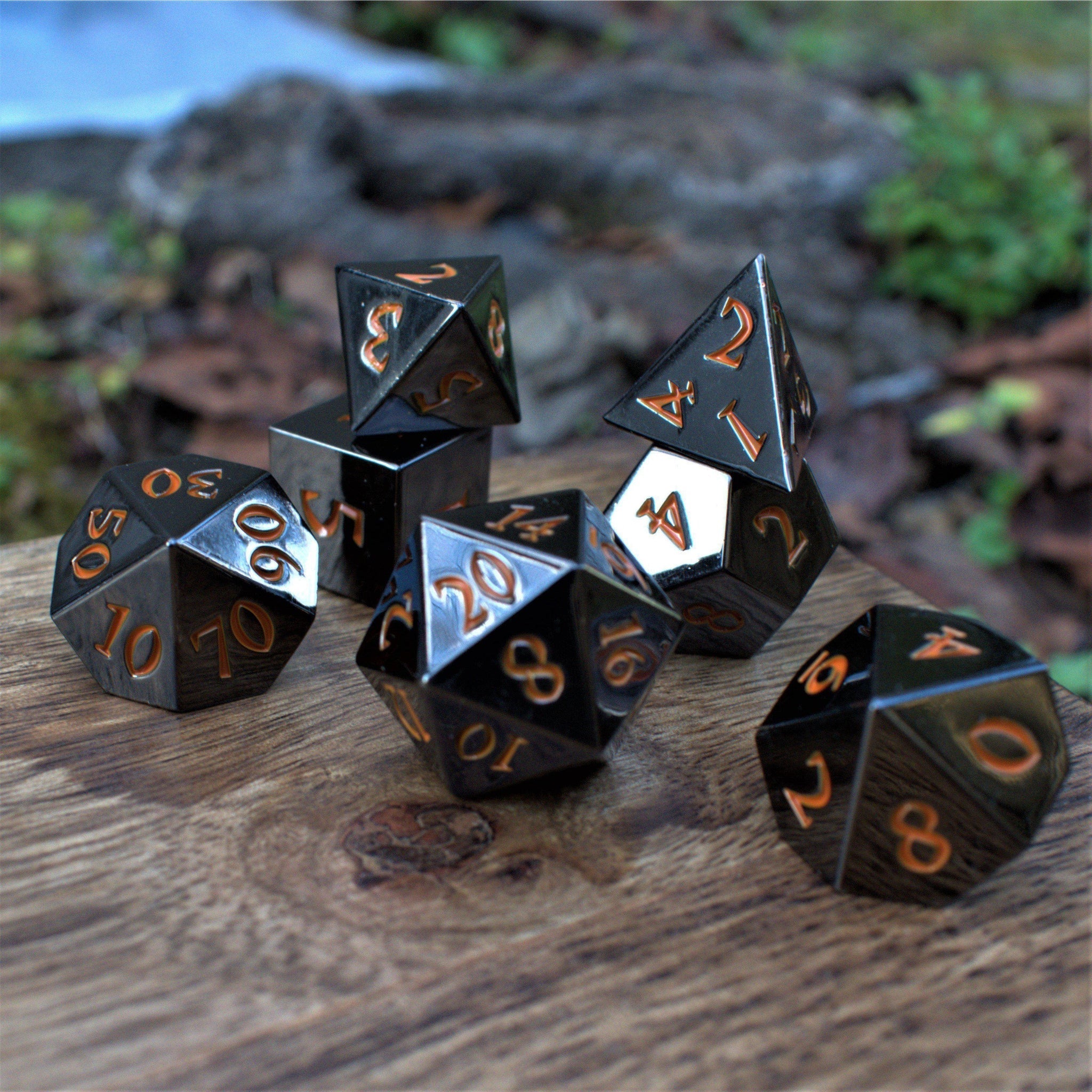 Black and Orange Sharp-Edged Metal Dice Set | Metal | Wiccan Center
